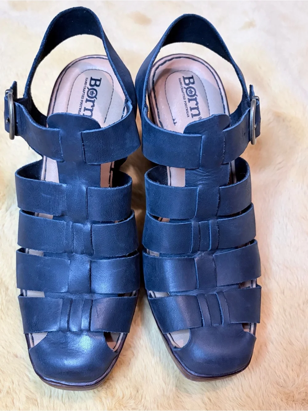 Born Women’s 9M Black Leather Platform Block Heel Fisherman Sandals